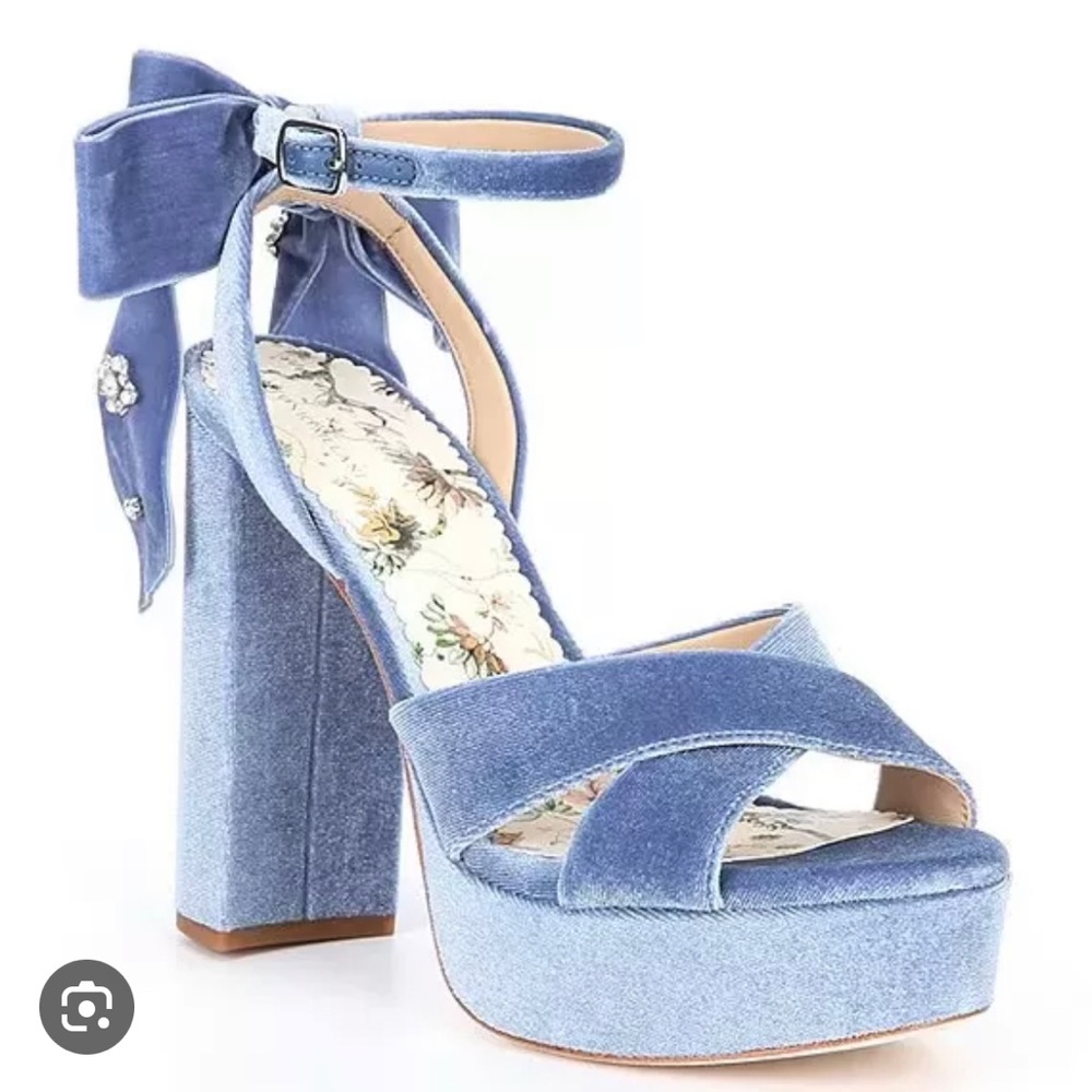 Nicola Bathie blue velvet bow heels